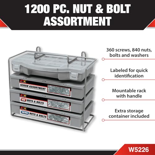 Performance Tool W5226 1200-Piece SAE/Metric Nut and Bolt Assortment Kit | Includes 360 machine screws, 840 nuts, bolts and washers in one kit. Labeled mountable rack with handle. Storage container