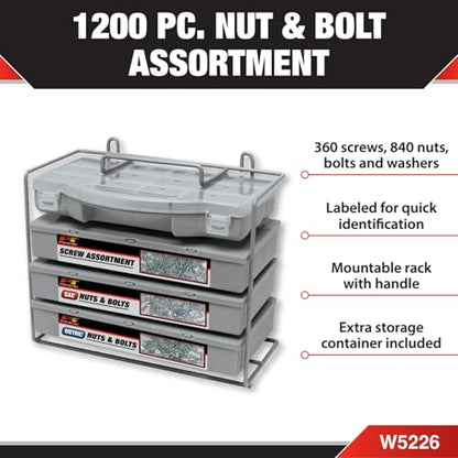 Performance Tool W5226 1200-Piece SAE/Metric Nut and Bolt Assortment Kit | Includes 360 machine screws, 840 nuts, bolts and washers in one kit. Labeled mountable rack with handle. Storage container