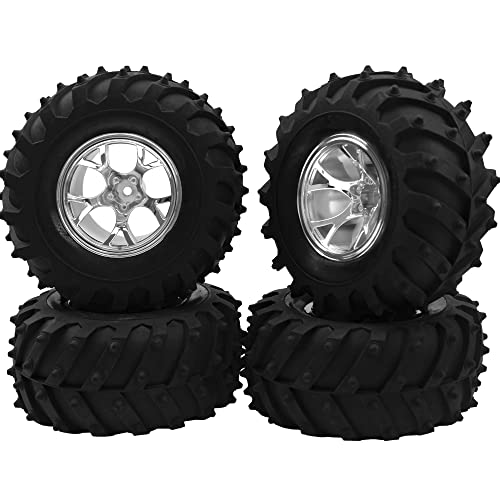 4.72''OD Rubber Tires & Wheel Rim 12mm Hex Hub Compatible with RedCat Volcano Traxxas Rustler HPI HSP Tamiya Exceed Himoto 1/10 Off-Road Monster Truck,120mmx56mm (Silver) - color: Silver