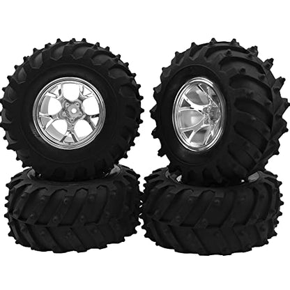 4.72''OD Rubber Tires & Wheel Rim 12mm Hex Hub Compatible with RedCat Volcano Traxxas Rustler HPI HSP Tamiya Exceed Himoto 1/10 Off-Road Monster Truck,120mmx56mm (Silver) - color: Silver