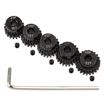 5Pack ShareGoo Steel 48P 3.175mm Pinion Gear Sets 18T 19T 20T 21T 22T fit 3.175mm (1/8-Inch) Shaft Compatible with Arrma HPI Kyosho Losi Axial Traxxas Tamiya Associated 1/10 RC Car Monster Truck Buggy