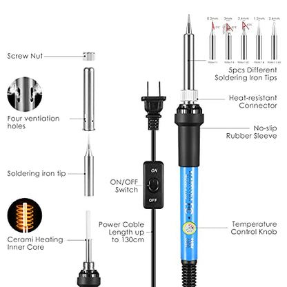 Soldering Iron Kit, Adjustable Temperature 13-in-1 60W Soldering Tool, Solder Kit Electronics with ON/Off Switch, 5 Soldering Tips, Solder Sucker, Stand, Tweezers, Solder Wire, Wire Cutter, Carry Bag