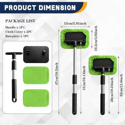 Windshield Cleaning Tool, Car Window Cleaner, Vehicle Window Cleaner with Extendable Handle & 2 Washable Microfiber Pads, Car Interior Glass Wiper Cleaning Kit for Most Vehicles (Green) - color: Green