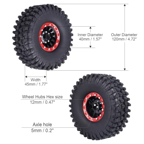 Hobbypark 1.9 Beadlock Wheel Rims Aluminum and 1.9 RC Crawler Tires 4.7 Inch Height Outer Diameter Foam Inserts for Traxxas TRX4 Axial SCX10 SCX10 II III Redcat Gen 8, Set of 4 (w/Red Rims)