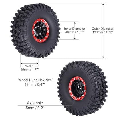 Hobbypark 1.9 Beadlock Wheel Rims Aluminum and 1.9 RC Crawler Tires 4.7 Inch Height Outer Diameter Foam Inserts for Traxxas TRX4 Axial SCX10 SCX10 II III Redcat Gen 8, Set of 4 (w/Red Rims)