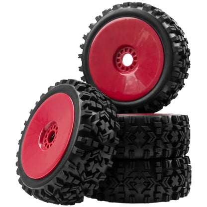 ShareGoo RC Hobby OD 4.72" 1/8 Scale RC Buggy Wheels & Rubber Tires 17mm Hex Rims Compatible with Arrma Typhon 3S 6S Kyosho Losi 8IGHT Traxxas Redcat HSP HPI 1/8 Scale Off Road Car Buggy (Red) - color: Red