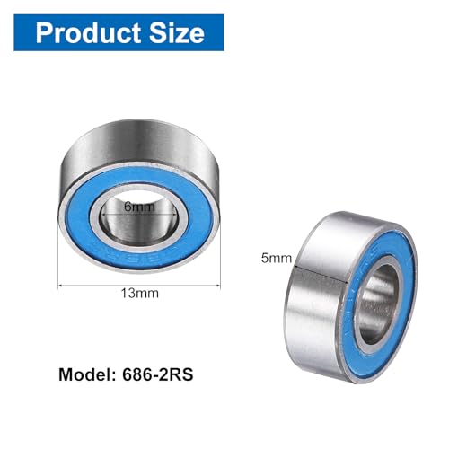 uxcell 4 Pcs 686-2RS Deep Groove Micro Bearing, 6x13x5mm Double Rubber Sealed Chrome Steel Small Bearings (ABEC5, Z4 Low Noise) - size: 686-2RS