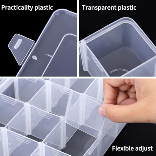 Bead Organizer Storage 2 Pack 15 Grid Clear Plastic Tackle Box Adjustable | Clear Plastic, Adjustable Dividers, Label Stickers Included, for Beads Crafts Jewelry Fishing Tackle and Small Parts - size: 2pcs