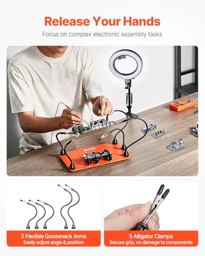VEVOR Magnetic Helping Hands Soldering Station, 2-In-1 Third Hand Soldering Tool - 3X LED Magnifying Lamp & 5 Flexible Arms, 6 PCB Holders, Heavy-Duty Base Station for Electronic Repair Craft Hobby - style: 11*7in Large Base with Light and Holders
