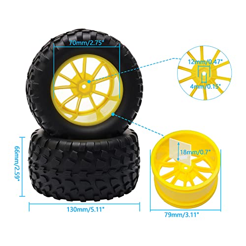 4PCS RC Rubber Tire 12mm Hex Wheels 1/10 Scale Monster Truck Yellow | Gravel Tread, 5 Spokes Wheel Rim