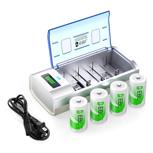 EBL D Rechargeable Batteries (4 Counts) and Universal Battery Charger | Smart Charger Compatible with C D 9V AA AAA Ni-MH Ni-CD Batteries, 10000mAh D Battery, Mercury-Free, 1200 Cycles