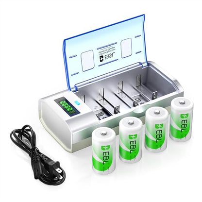 EBL D Rechargeable Batteries (4 Counts) and Universal Battery Charger | Smart Charger Compatible with C D 9V AA AAA Ni-MH Ni-CD Batteries, 10000mAh D Battery, Mercury-Free, 1200 Cycles