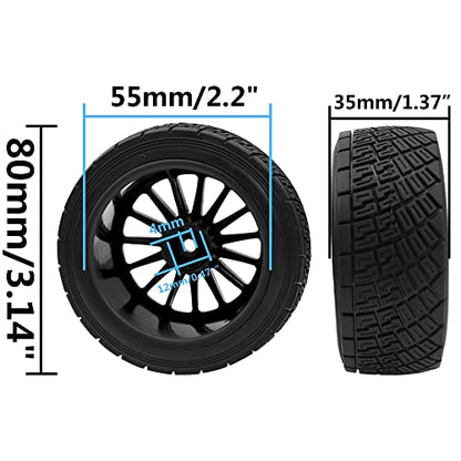 80mm/3.14" Rubber Tires & Plastic Wheel Rims 2.2 Inch 12mm Hex Hub Compatible with 1/10 HPI WR8 Off-Road Rally 1/14 WLtoys 124019 144001 1/16 Redcat Volcano RC Buggy (Black) - color: Black