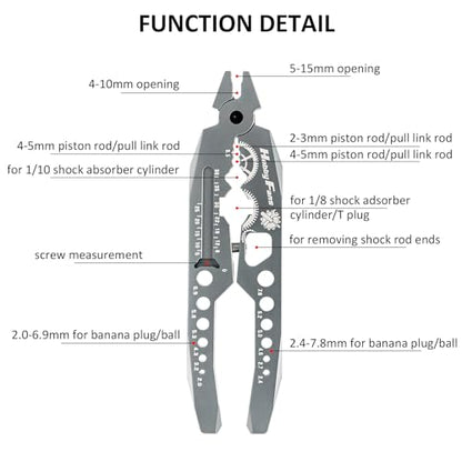 Metal Shock Absorber Pliers Rod Ball Clamp & Ball Joint Wrench Multi-Function RC Tool Combo Set for 1/8 1/10 RC Car, Titanium