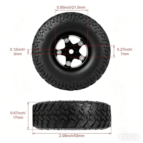 Hobbypark 1.0 Beadlock Wheels Tires 53x17mm Soft Rubber with Foam & Brass Wheel Hex Weight for AX24 SCX24 FCX24 Enduro24 1/24 Scale RC Crawler Car, Set of 4