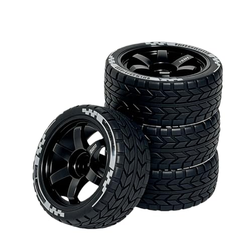1/10 RC On-Road Tires 68mm OD and Aluminum Street Wheels 4PCS, 12mm Hex Touring Tyres Compatible with Tamiya TT01 TT02 XV01 TA06, HPI, KYOSHO, HSP, Traxxas, PTG2, A959 Rally Drift Cars
