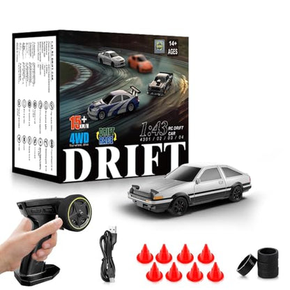RC Drift car, 1/43 Mini Rc Drift car with Gyroscope, 2.4GHz Full Proportional Remote control Cars, 4WD High Speed Racing with Lights, Racing Tires, Model Cars Gift for Adults, Kids, Boys, Girls - color: White-a