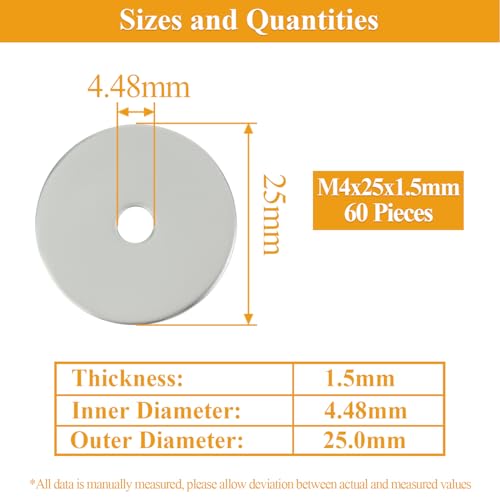 60 Pieces M4x25x1.5mm Fender Washers, 304 Stainless Steel Flat Washers, Fender Washers, Metal Washers for Screws Bolts - size: M4X25X1.5mm