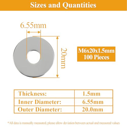 100 Pieces M6x20x1.5mm Fender Washers, 304 Stainless Steel Flat Washers, Fender Washers, Metal Washers for Screws Bolts - size: M6X20X1.5mm
