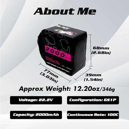 CNHL 2000mAh 6S Lipo Battery 22.2V 100C with XT60 Connector (2 Pack) | Provides reliable power delivery and extended flight runtime for 5-6 inch FPV drones, aerobatic planes, and RC cars.