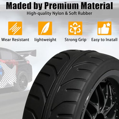 OD 2.55" On Road Rubber Tires Nylon Wheels- 12mm Hex for 1/10 RC Racing Car | Compatible with MJX HSP Tamiya HPI Kyosho Traxxas Sakura Redcat WLtoys 1/10 RC On-Road Racing Touring Car (4pcs, Black) - style: B-Black