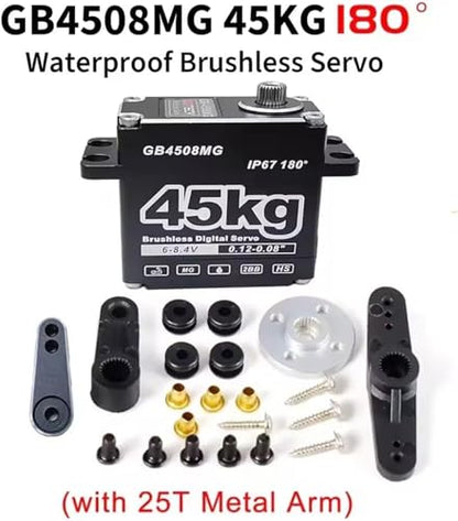 GOTECK 45KG Brushless Digital Servo Large Torque 8.4V Full Metal Gear IP67 Waterproof Steering Servo with 25T Servo Horn for 1/8 1/10 RC Crawler Car Robot Boat Truck Robot Parts (45KG(8.4V)-180°)