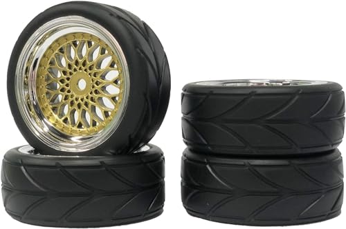 4PCS 64mm Rubber Tires and Plastic Wheel Rims Set 12mm Hex Replacement Part for Sakura Tamiya TT02 HPI HSP Kyosho 1/10 RC On Road Run-flating Touring Racing Car Tyre(Gold Silver,Offset:9MM) - color: Gold Silver, size: Offset:9mm