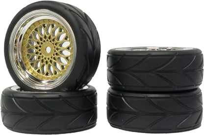 4PCS 64mm Rubber Tires and Plastic Wheel Rims Set 12mm Hex Replacement Part for Sakura Tamiya TT02 HPI HSP Kyosho 1/10 RC On Road Run-flating Touring Racing Car Tyre(Gold Silver,Offset:9MM) - color: Gold Silver, size: Offset:9mm