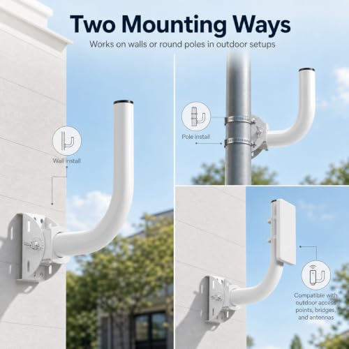 QWORK Universal Wireless Bridge Bracket Mount, 2-Pack 150° Adjustable Antenna J-Pole Mount for Outdoor Access Point, CPE, Client Bridge – Wall & Pole Mounting Kit with Hardware