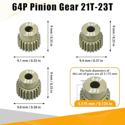 64P Pinion Gear 3.175mm Shaft 7075 Aluminum Alloy Motor Gears,0.6 Metric Pitch 21 22 23T with 1/8 Hole Pinion Gear Compatible with 1/10 Arrma HPI Kyosho Losi Axial Traxxas Tamiya RC Car - size: 21 22 23T