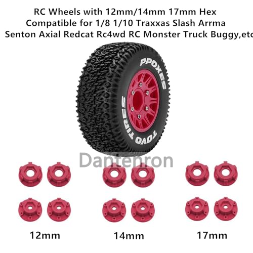 1/10 1/8 Truck Wheels and Tires 12mm 14mm 17mm Hex OD 4.41" RC Short Course Tires for 1:8 1:10 Scale Off Road Truck Car Traxxas Slash 2WD 4×4 Rc4wd Arrma Senton Axial Losi Redcat 4PCS (Red) - color: Red