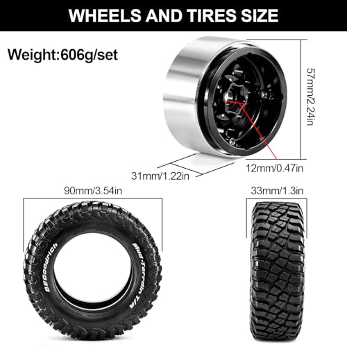 1.9" Beadlock Wheels and Tires (90mm/3.54in) for MJX Hyper Go H12Y, MN128, 1/12 RC Crawler, CNC Aluminum Wheels, Soft Rubber Tires with Foam Inserts, Installation Tool Included (Black) - color: Black