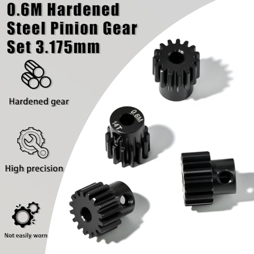 4Pcs 0.6M Hardened Steel Pinion Gear Set 3.175mm 14T 15T 16T 17T Motor Pinion Gear with M4 Screw and Hex Key, Fit 3.175mm (1/8-Inch) Shaft, for Arrma HPI Kyosho Losi Axial Traxxas Tamiya 1/10 RC Car - size: 0.6M-P-3.175mm-14-17T