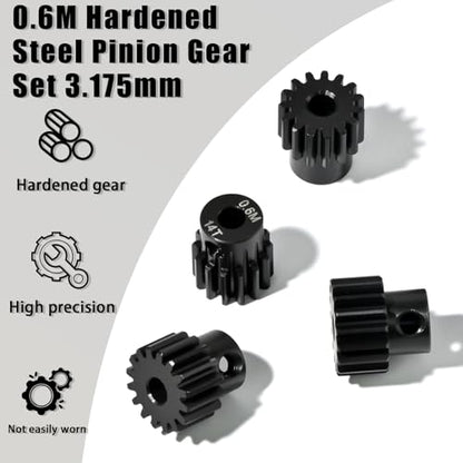4Pcs 0.6M Hardened Steel Pinion Gear Set 3.175mm 14T 15T 16T 17T Motor Pinion Gear with M4 Screw and Hex Key, Fit 3.175mm (1/8-Inch) Shaft, for Arrma HPI Kyosho Losi Axial Traxxas Tamiya 1/10 RC Car - size: 0.6M-P-3.175mm-14-17T