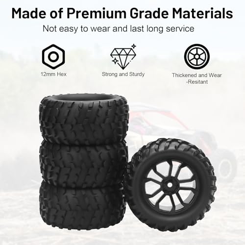 RC Car Tires and Wheels, daitoku 12mm Hex RC Truck Tires for TRAXXAS AXIAL Rlaarlo MJX HBX WL TRAXXAS 1/16 E-Revo HSP 94186 16208 16209 16210 WLtoys 144001 HBX2105A 3101A 1/14 1/16 Truck