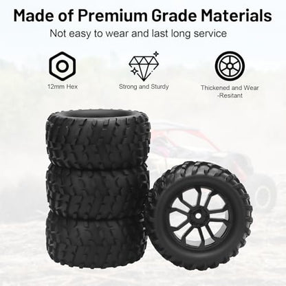 RC Car Tires and Wheels, daitoku 12mm Hex RC Truck Tires for TRAXXAS AXIAL Rlaarlo MJX HBX WL TRAXXAS 1/16 E-Revo HSP 94186 16208 16209 16210 WLtoys 144001 HBX2105A 3101A 1/14 1/16 Truck