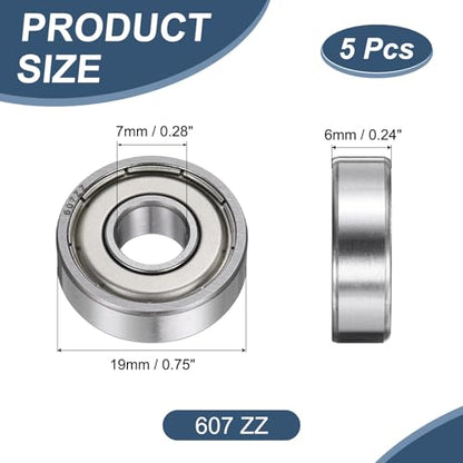 uxcell 5 Pack 607 ZZ Deep Groove Ball Bearings, 7x19x6mm Chrome Steel Double Shield Bearing for Electric Motor, Home Appliances, Garden Machinery, (ABEC5) - size: 607 ZZ
