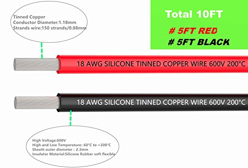 TUOFENG 18 AWG Silicone Wire Kit - 10ft | 5ft Black/Red, Hook Up Cable - size: 18 AWG Silicone Wire 2 Colors 5ft Each
