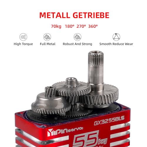 55kg Brushless Waterproof IP68 RC Digital Servo, High Torque, 7.4V Motor Helical Gear Angle-Controlled 180/270 /360 Degree Robot Servo for 1:8 1:10 TRX6 Scx10 RC Crawler (360 Degree)