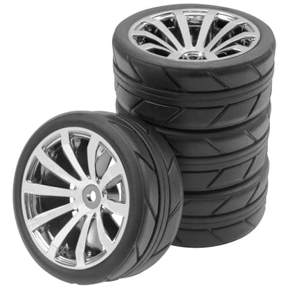 ShareGoo OD 2.55" Rubber Tires w/Plastic Wheel Rims 12mm Hex Compatible with HSP Tamiya Kyosho Traxxas Sakura WLtoys 1/10 RC On Road Racing Touring Car (Silver) - color: Silver