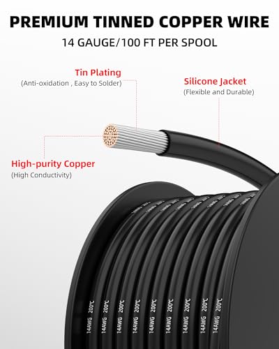 NAOEVO 14 Gauge Wire, Tinned Copper Silicone 14 AWG Automotive Wire, 600FT | 200°C, High Conductivity, Flexible 14 AWG Stranded Wire, 14 AWG Wire for Automotive, LED, DIY, Circuit (6 Colors 100ft/Spool) - size: 100ft, style: 14AWG