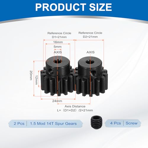 uxcell 2Pcs 1.5 Mod 14T Spur Gear 5mm Bore, 1045 Steel Pinion Gear Black Surface Treatment, 20° Pressure Angle, for Spur Rack and RC Model Car or Motor DIY(16mm) - size: 1.5 Mod 14T, 5mm x 16mm