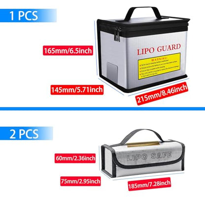 3pcs Lipo Battery Safe Bag Fire-Explosionproof Bag for RC Vehicle Batteries Other Batteries Storage and Charging Safe (215x145x165mm+185x75x60mmx2)