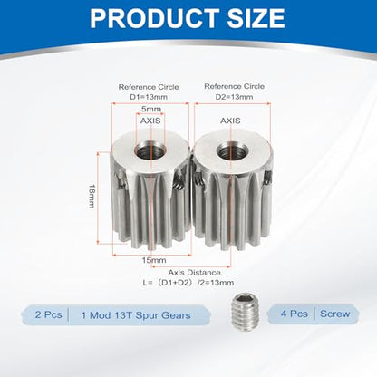 uxcell 2Pcs 1 Mod 13T Spur Gear 5mm Bore, 304 Stainless Steel Pinion Gear, 20°Pressure Angle, for Spur Rack and RC Model Car or Motor DIY - size: 1 Mod 13T, 5mm