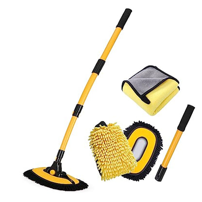 57'' Car Wash Brush with Long Handle Chenille Microfiber Car Wash Kit， Mitt Retractable Bent Pole Car Wash Brush for Cars RV Truck Boat (Yellow) - color: Yellow