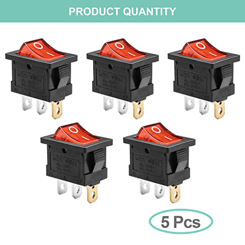 5 Pack KCD1 On/Off Red LED Boat Rocker Switch | 3-Pin 2-Position Snap In, 10A/125V, 6A/250V - color: Red, size: AC 250V/6A 125V/10A - Not Pre-Wired
