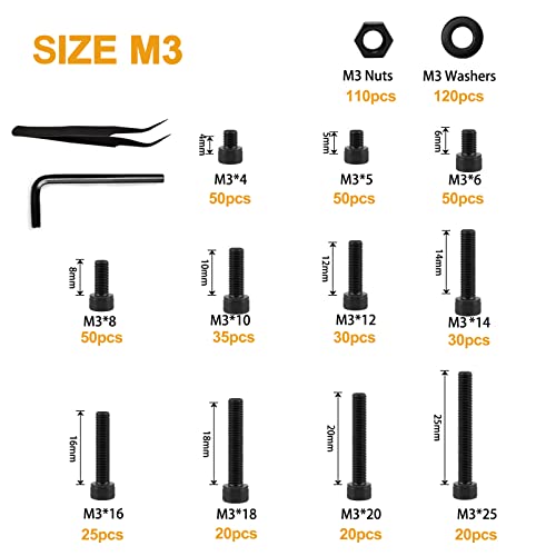 M3 x 4/5/6/8/10/12/14/16/18/20/25mm Socket Cap Screws, VIGRUE 610PCS 14.9 Grade Alloy Steel M3 Socket Hex Head Cap Machine Screws Bolts Nuts Washer Assortment Kit - size: M3 Socket black