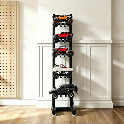 Multilayer Storage Rack Shelf Display Stand for RC Model Cars | Quick assembly, multi-scale fits for 1/10-1/24 TRX4 SCX10 TRX4M SCX24, expandable side holes for hanging RC tools - size: 7.87" x 9.45" x 45.8"