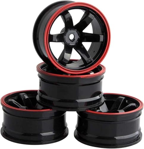 4PCS 75mm Rubber Tires and 6Spokes Plastic Wheel Rims Tyre for 1/10 RC On-Road Drift Racing Car 1:14 1:16 Rally Car for Tamiya Kyosho HPI HSP TT02 Upgrades Parts (Black Red) - color: Black Red