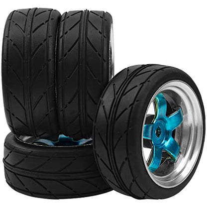 2.59in Rubber Tires & 12mm Hex Plastic Wheel Rims Set Compatible with Traxxas Kyosho HPI Tamiya Associated 1/10 RC On-Road Touring Car (Blue)